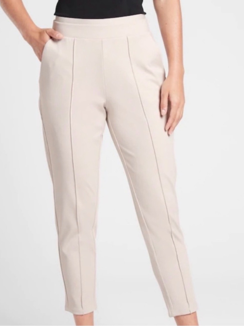 Athleta Venice Pintuck Pant High-Rise Tapered Ankle Pants in Light Beige
